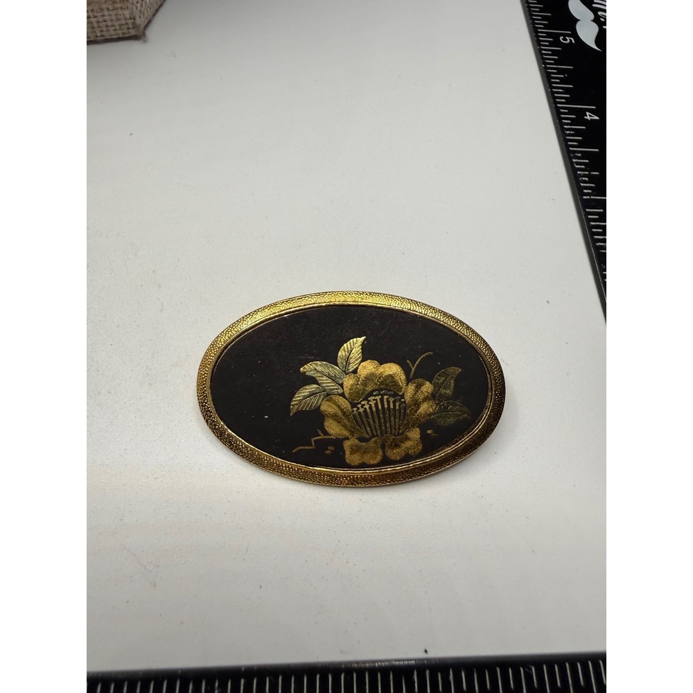 Vintage Gold Tone Oval Damascene Style Floral Brooch Black‎ Gold Flower Pin